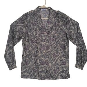 VTG Anna and Frank Blouse Womens Large Gray Floral‎ Paisley Epaulettes Silk LS
